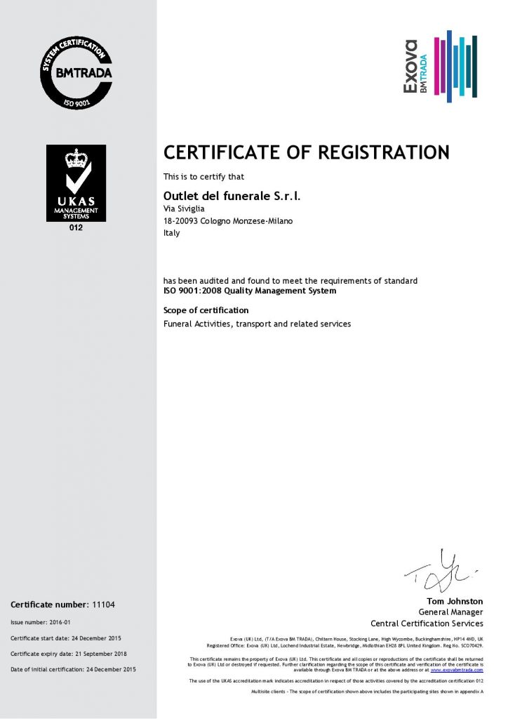 Outlet del Funerale certificazione ISO 9001